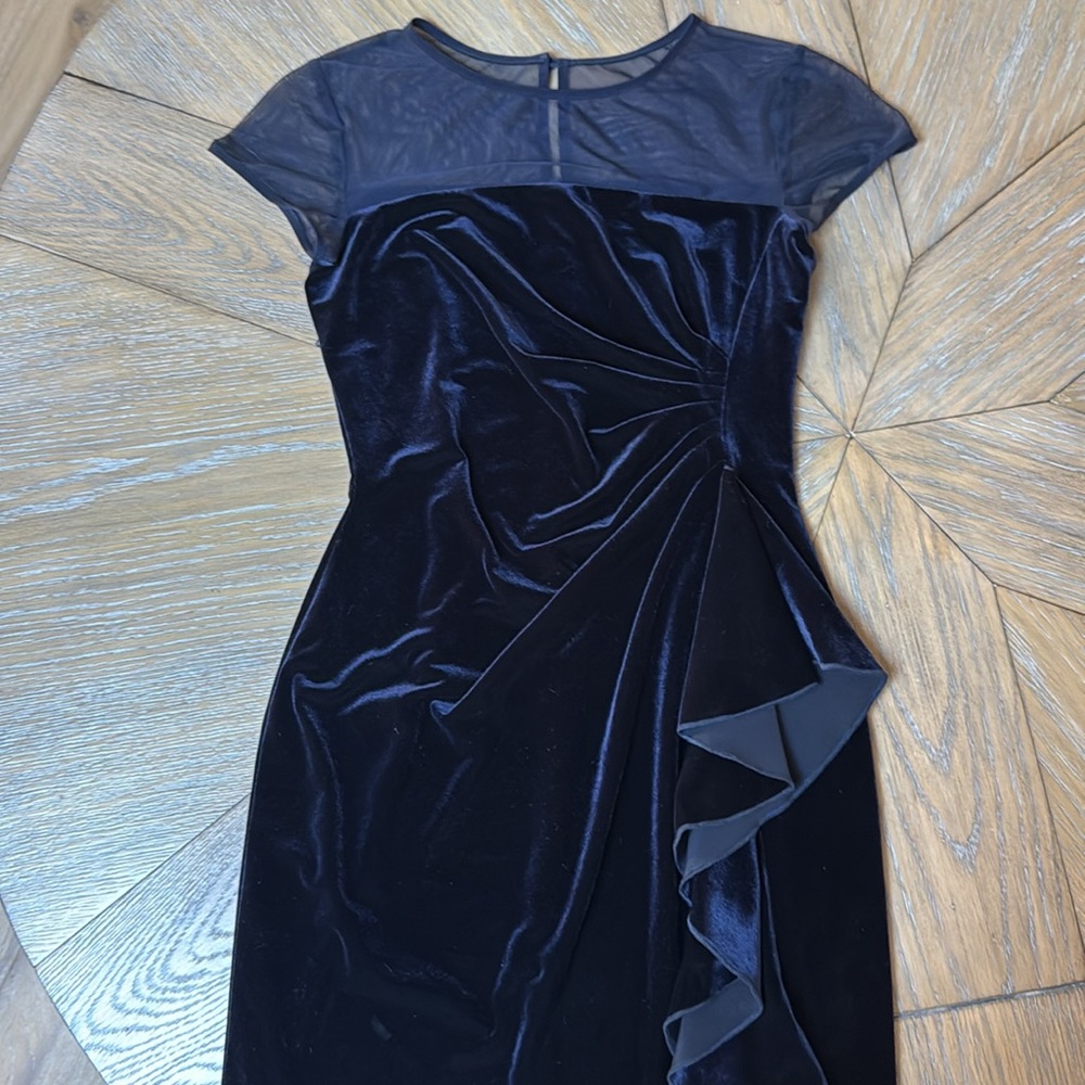 Elegant Deep Navy Velvet Dress with Mesh Detail by Joseph Ribkoff